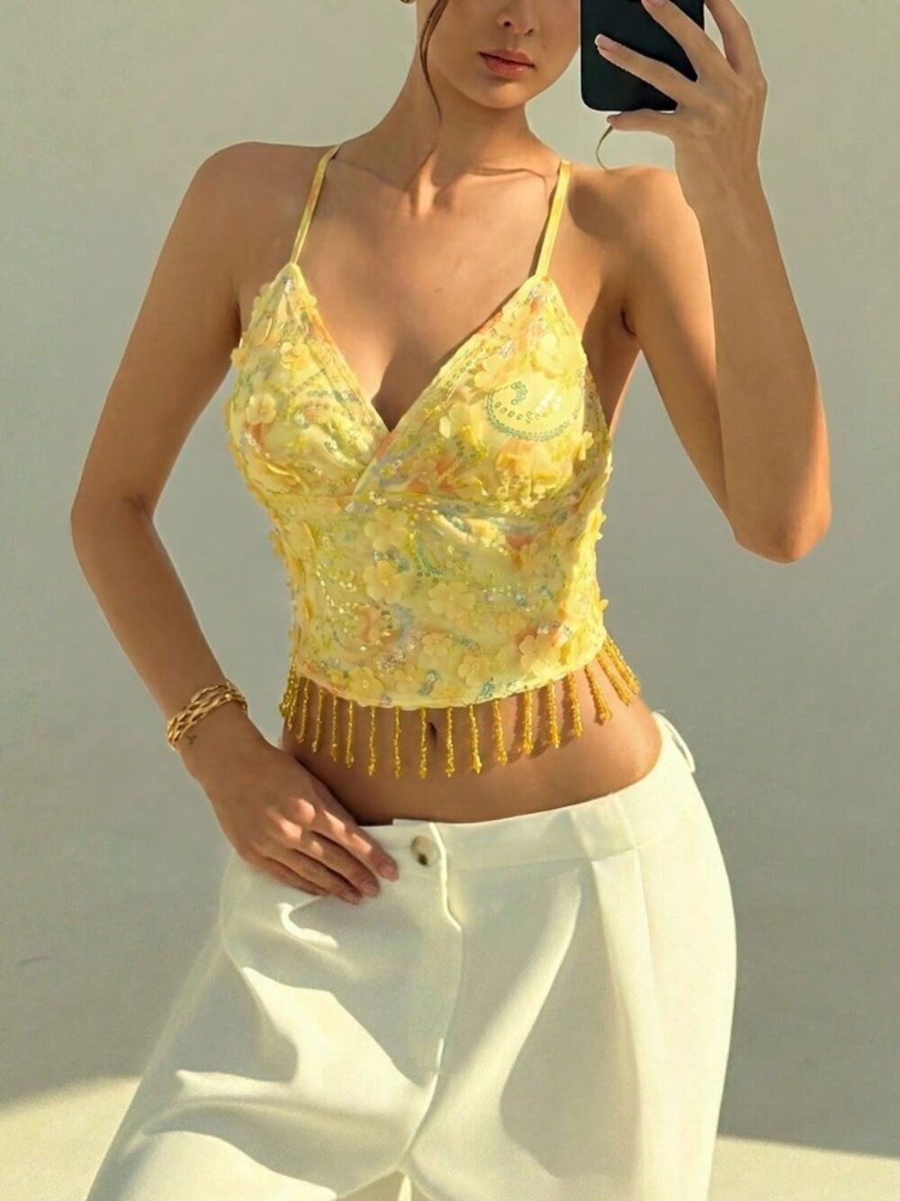 Yellow Boho Women's 3d Floral Decor Fringe Hem Camisole Top - Picture 5 of 7